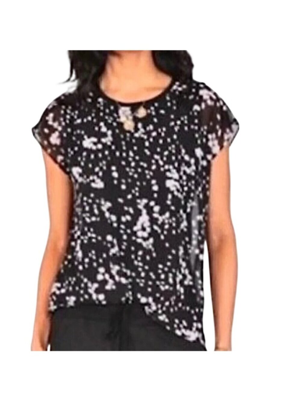 Cabi Cosmos Night Sky Blouse Medium Abstract Dot Print Sheer Short Sleeve Grunge